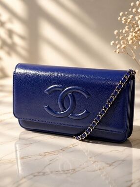 Authentic Chanel CC Caviar Wallet On Chain WOC Blue Leather Bag